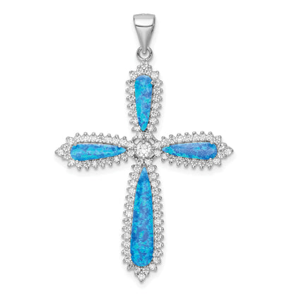 Sterling Silver Rh-Plated Blue Created Opal & Cz Border Cross Pendant