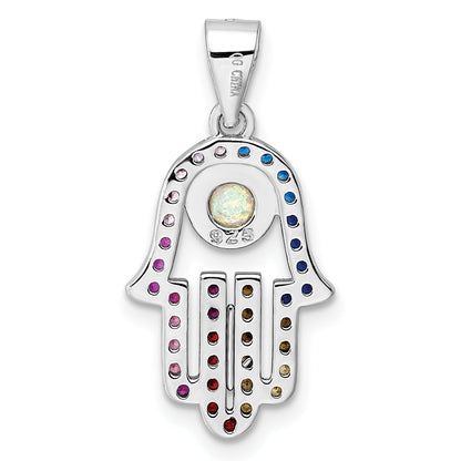 Sterling Silver Rhodium-Plated Multicolor Cz & Synthetic Opal Hamsa Pendant