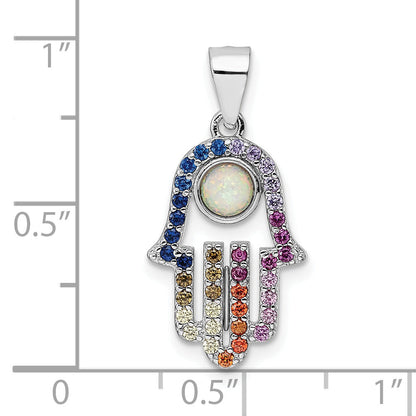 Sterling Silver Rhodium-Plated Multicolor Cz & Synthetic Opal Hamsa Pendant