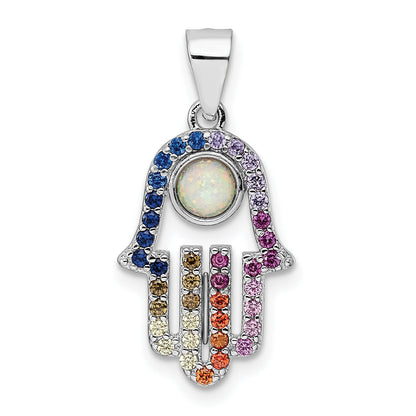Sterling Silver Rhodium-Plated Multicolor Cz & Synthetic Opal Hamsa Pendant