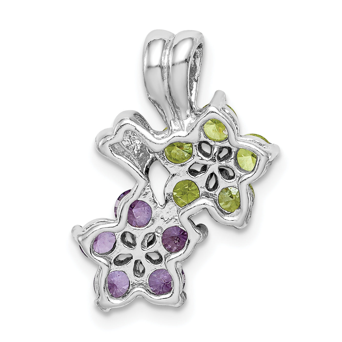 Sterling Silver Rhodium-Plated Amethyst And Peridot Floral Pendant