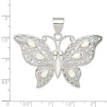 Sterling Silver Filigree Fancy Mother Of Pearl Butterfly Pendant