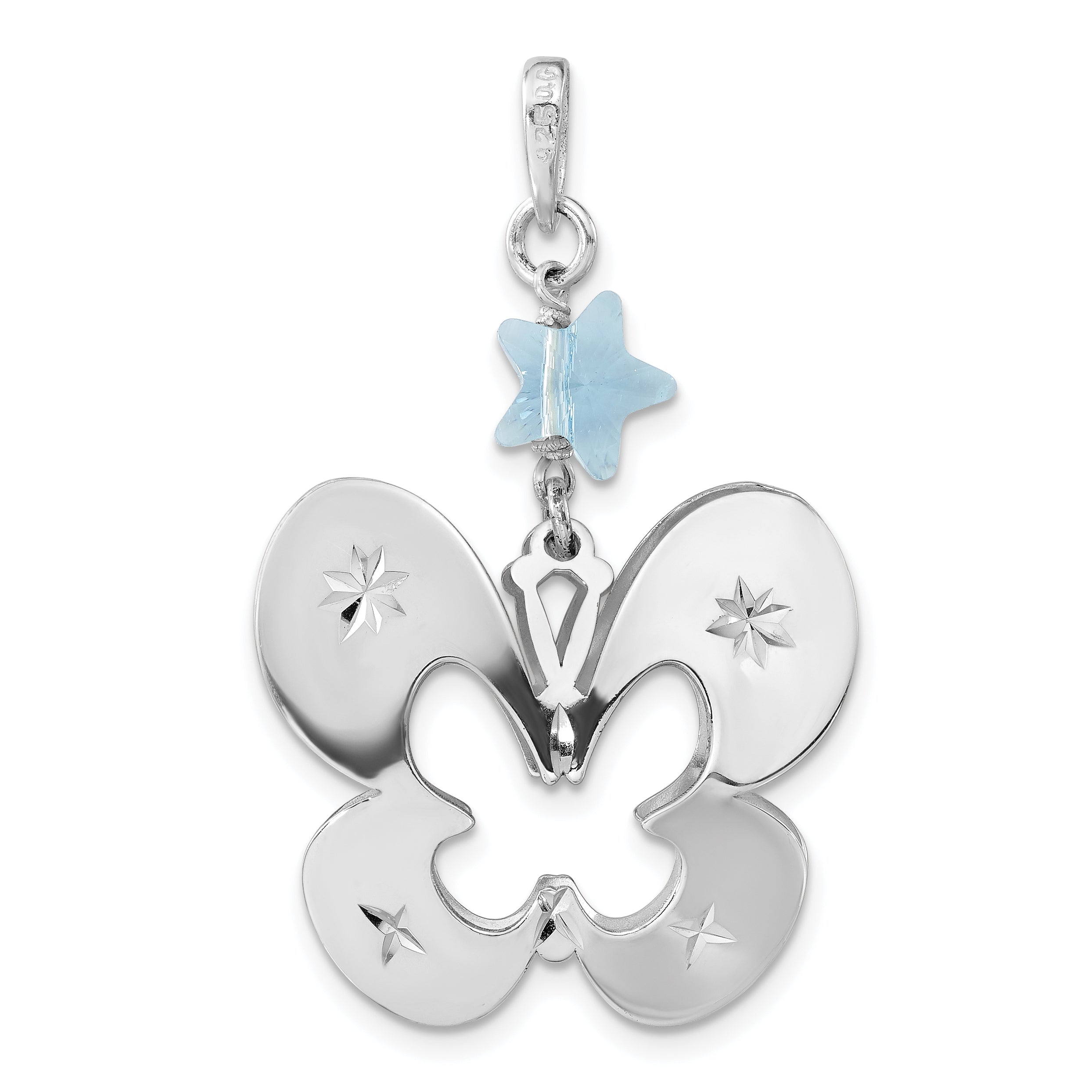 Sterling Silver Polished Diamond-Cut Butterfly W/ Blue Glass Star Pendant