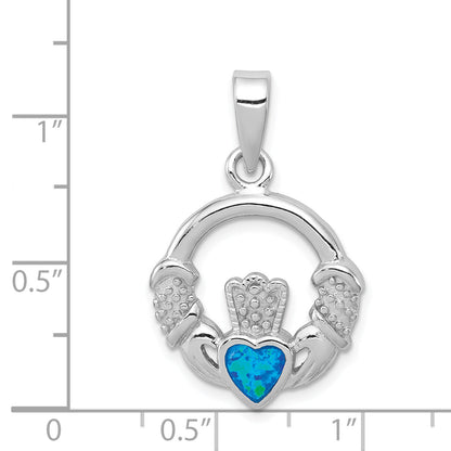 Sterling Silver Rhodium-Plated Lab Created Blue Opal Inlay Claddagh Pendant