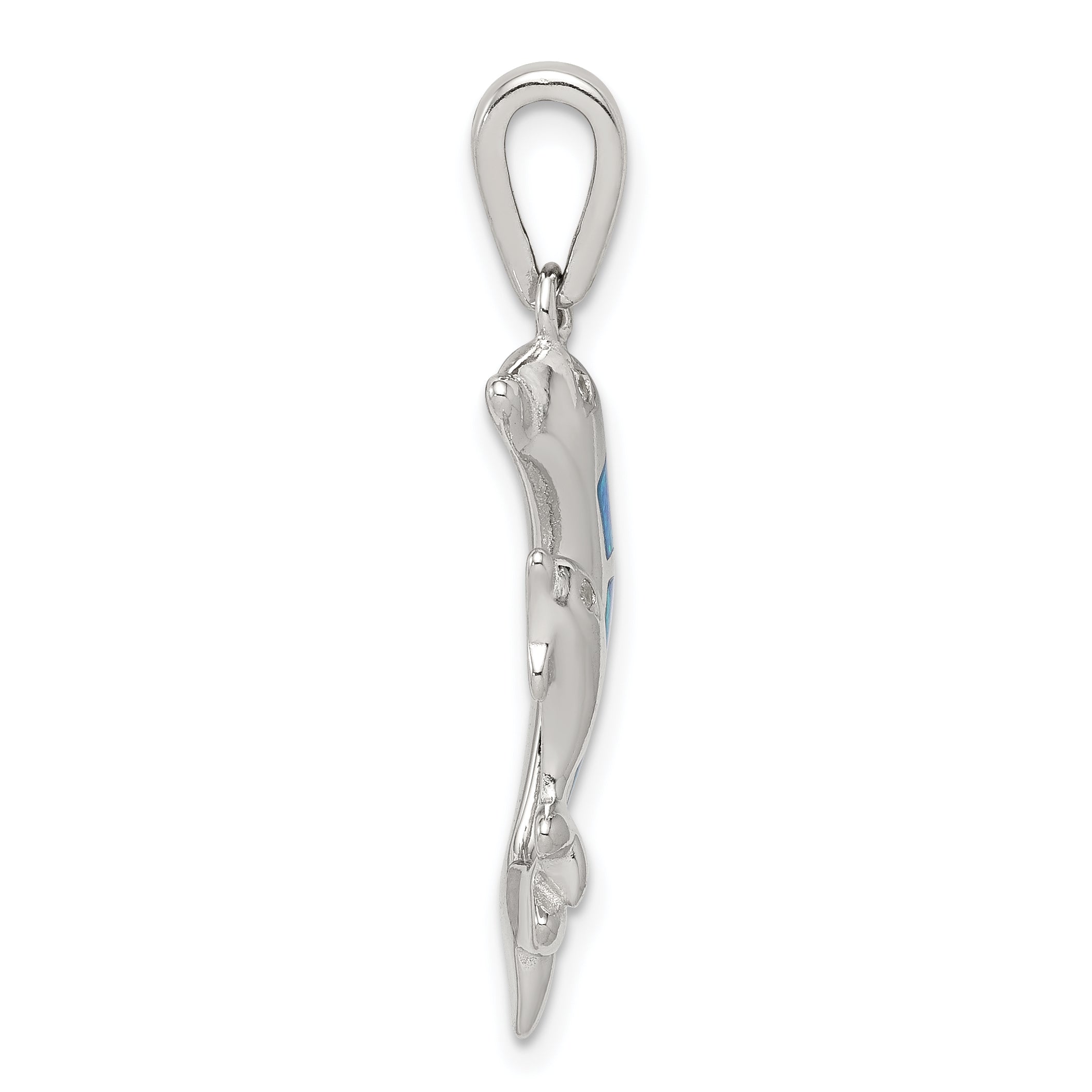 Sterling Silver Rhodium-Plated Blue Inlay Created Opal Dolphin Pendant