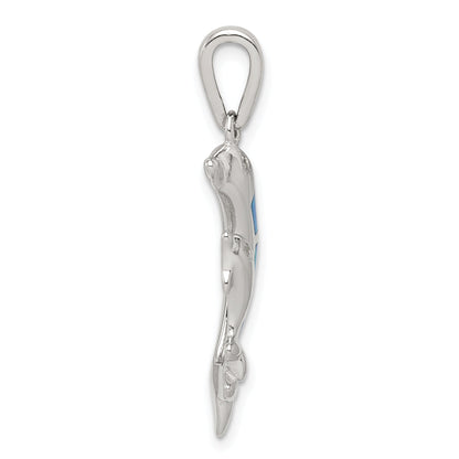 Sterling Silver Rhodium-Plated Blue Inlay Created Opal Dolphin Pendant