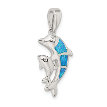 Sterling Silver Rhodium-Plated Blue Inlay Created Opal Dolphin Pendant