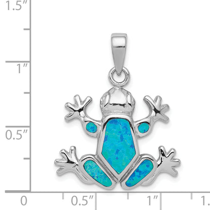 Sterling Silver Rhodium-Plated Blue Inlay Created Opal Frog Pendant