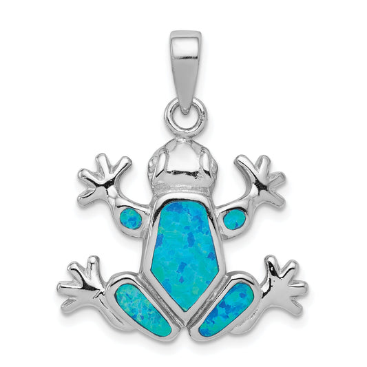 Sterling Silver Rhodium-Plated Blue Inlay Created Opal Frog Pendant