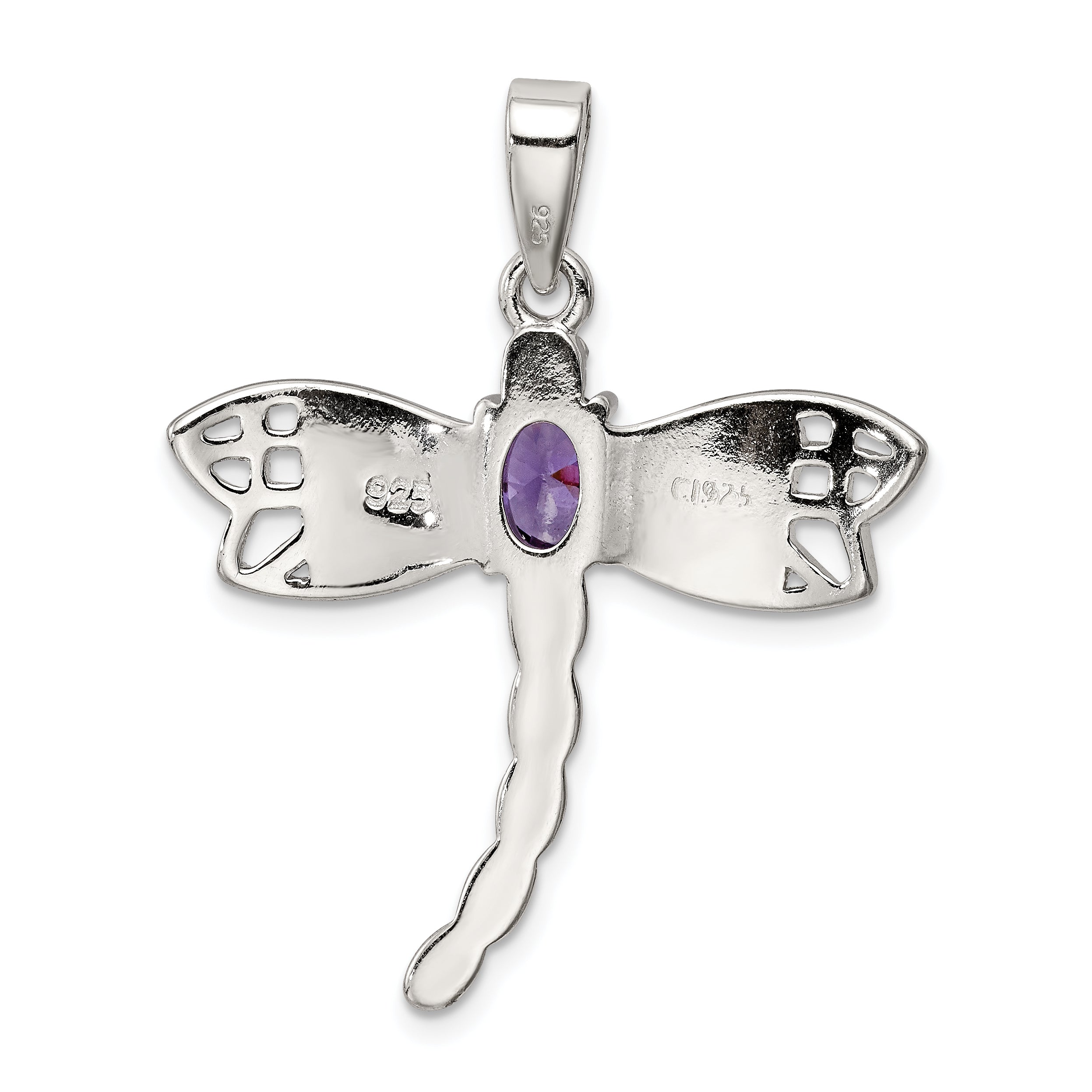 Sterling Silver Rhod Plated Creat. Opal Dragonfly Amethyst Pendant
