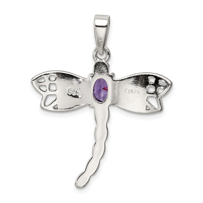 Sterling Silver Rhod Plated Creat. Opal Dragonfly Amethyst Pendant