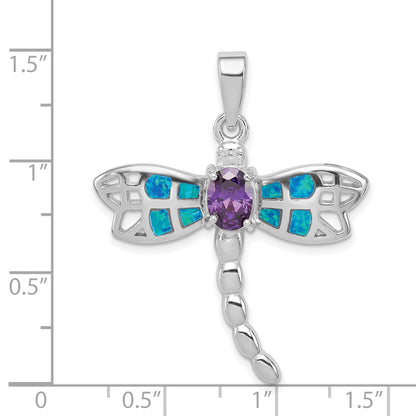 Sterling Silver Rhod Plated Creat. Opal Dragonfly Amethyst Pendant