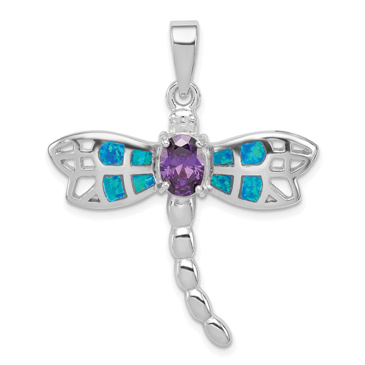 Sterling Silver Rhod Plated Creat. Opal Dragonfly Amethyst Pendant