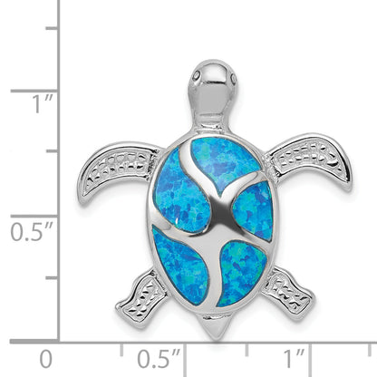 Sterling Silver Rhodium-Plated Blue Inlay Created Opal Turtle Pendant