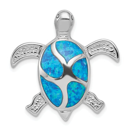 Sterling Silver Rhodium-Plated Blue Inlay Created Opal Turtle Pendant