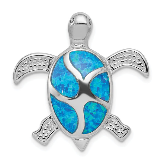 Sterling Silver Rhodium-Plated Blue Inlay Created Opal Turtle Pendant