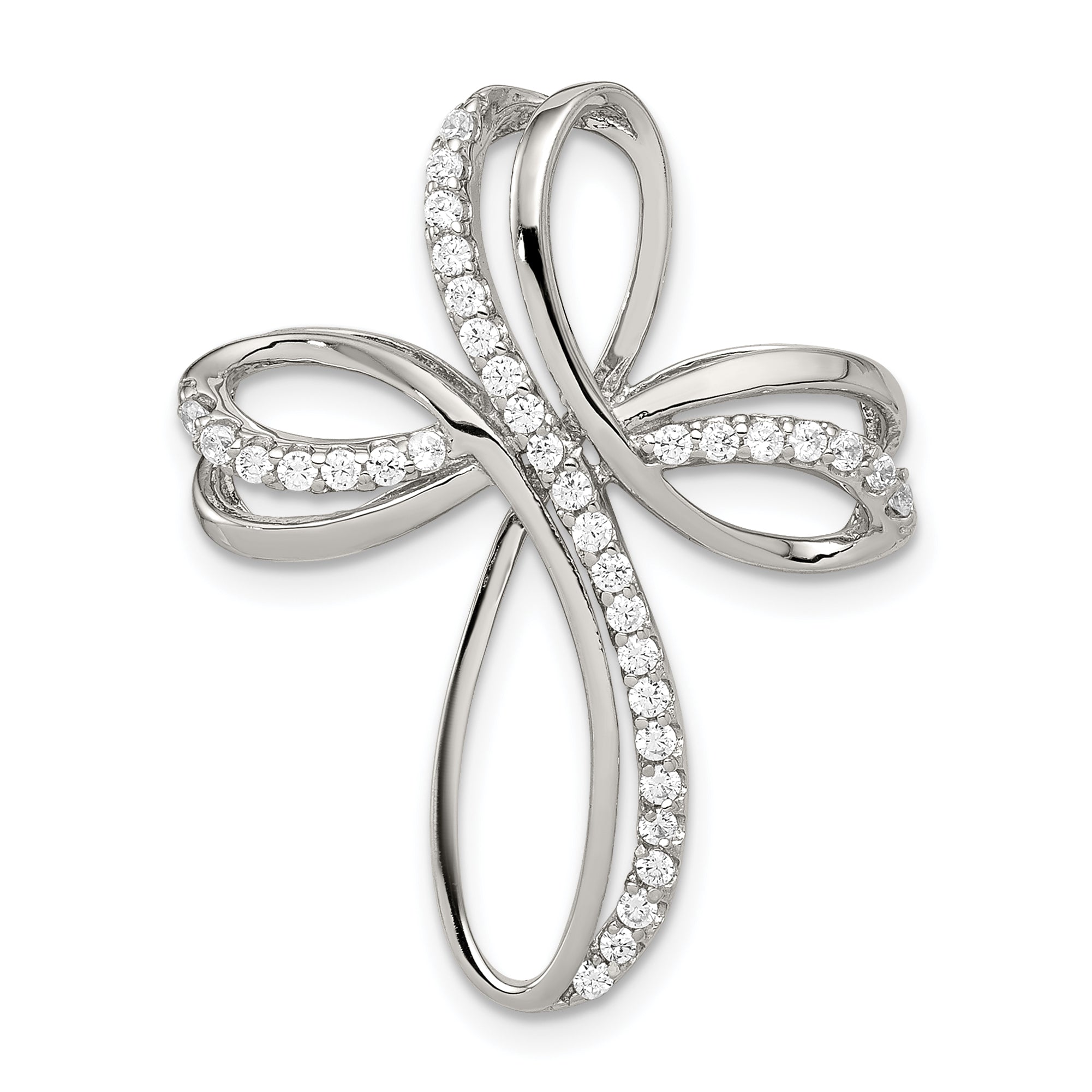 Sterling Silver Rhodium-Plated Polished Cz Cross Chain Slide
