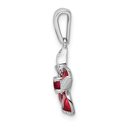 Sterling Silver Rhod-Plated Created Ruby And Enamel Flower Pendant