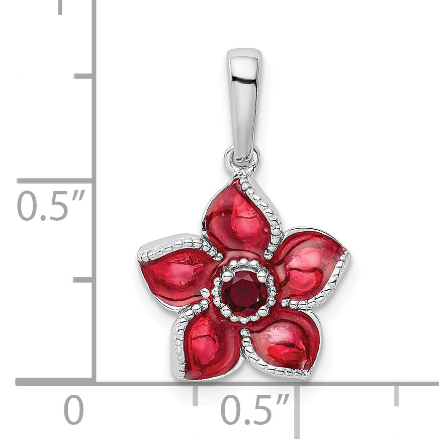 Sterling Silver Rhod-Plated Created Ruby And Enamel Flower Pendant