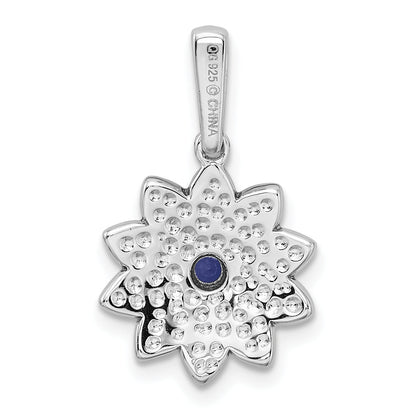 Sterling Silver Rhod-Pltd Created Sapphire And Enamel Flower Pendant