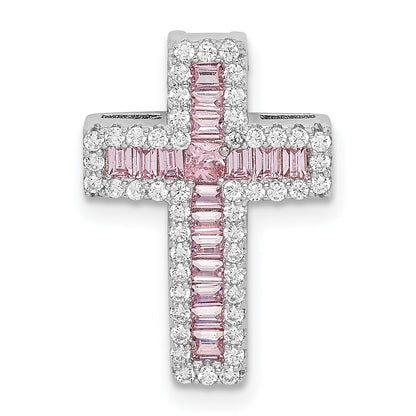Sterling Silver Rhodium-Plated Pink & White Cz Cross Chain Slide