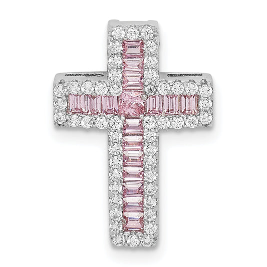 Sterling Silver Rhodium-Plated Pink & White Cz Cross Chain Slide