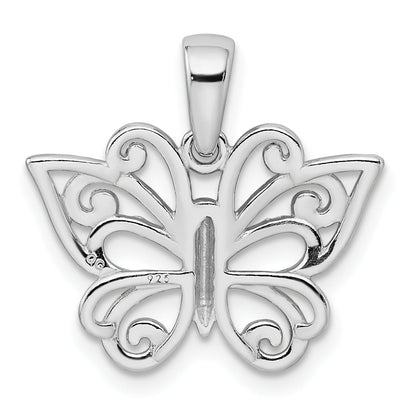 Sterling Silver Rhodium Plated Diamond-Cut Butterfly Pendant
