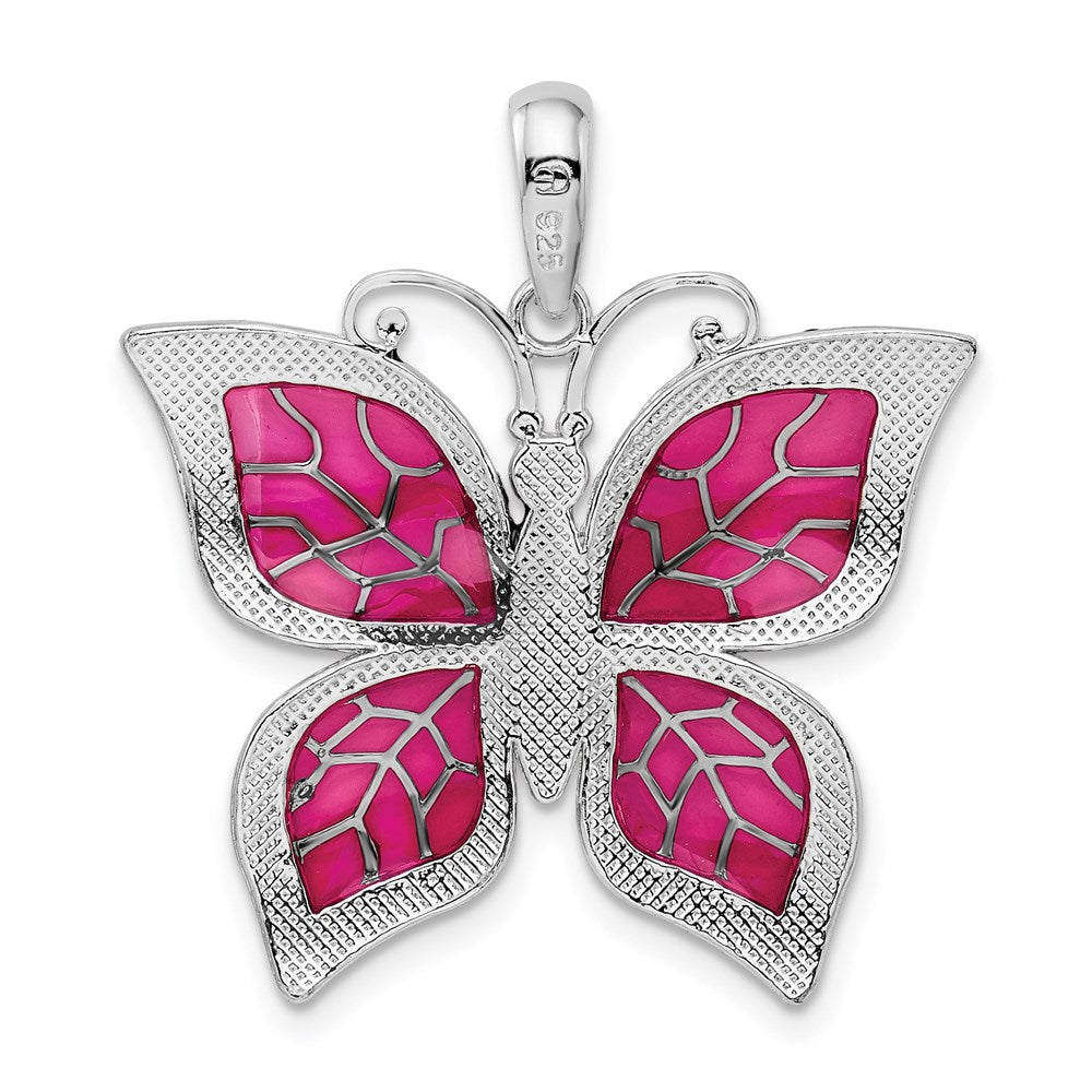 Sterling Silver De-Ani Rhodium-Plated Polished Enameled Fuchsia Butterfly Pendant
