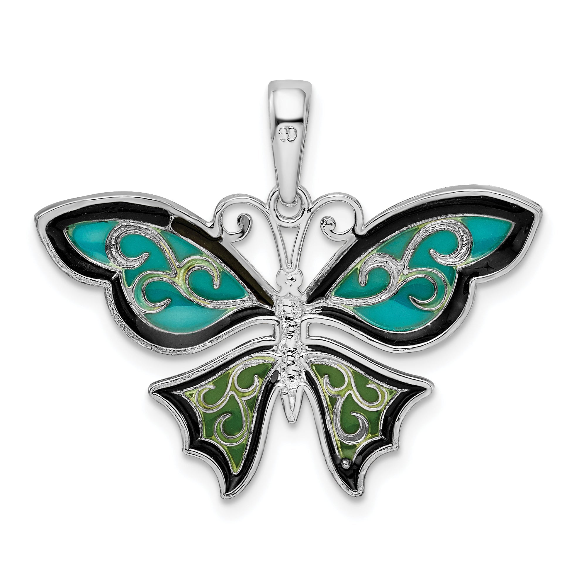 Sterling Silver De-Ani Rhodium-Plated Polished Enameled Aqua Butterfly Pendant