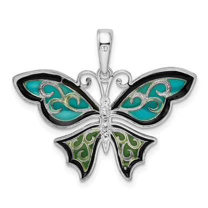 Sterling Silver De-Ani Rhodium-Plated Polished Enameled Aqua Butterfly Pendant