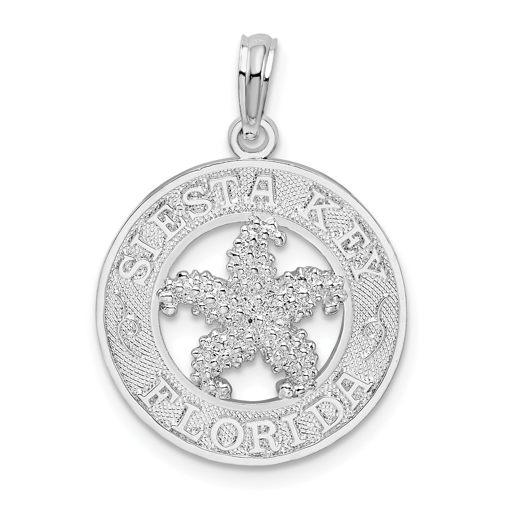 Sterling Silver De-Ani Rhodium-Plated Textured Siesta Key Florida With Starfish Pendant