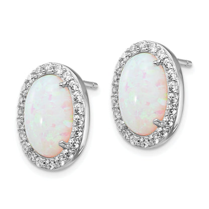 Sterling Silver Cheryl M Rhodium-Plated Cabochon Lab Created Opal And Brilliant-Cut Cz Oval Halo Post Earrings