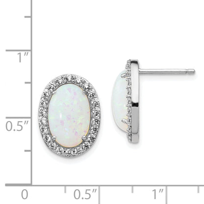 Sterling Silver Cheryl M Rhodium-Plated Cabochon Lab Created Opal And Brilliant-Cut Cz Oval Halo Post Earrings