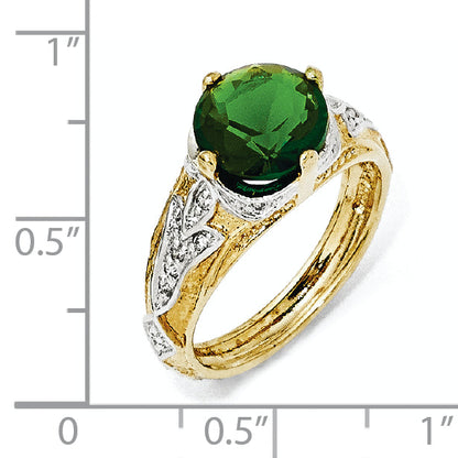 Sterling Silver Gold-Plated Glass Simulated Emerald & Cz Ring