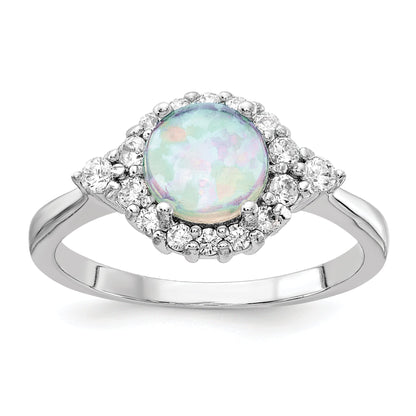 Sterling Silver Cheryl M Rhodium-Plated Cabochon Lab Created Opal And Brilliant-Cut Cz Ring