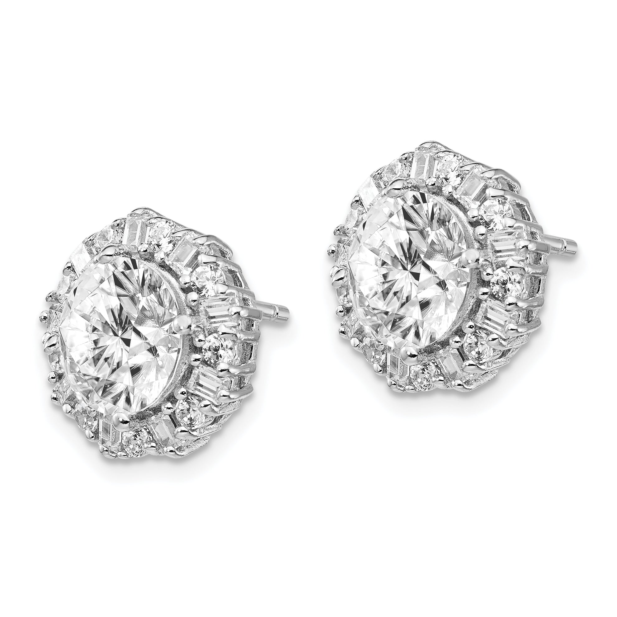 Sterling Silver Cheryl M Rhodium-Plated Fancy Brilliant-Cut And Emerald-Cut Cz Halo Post Earrings