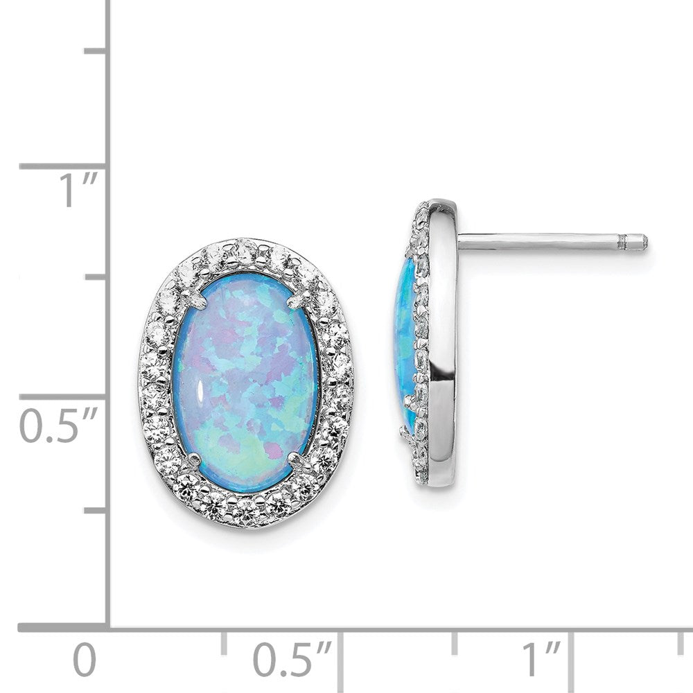 Sterling Silver Cheryl M Rhodium-Plated Cabochon Lab Created Blue Opal And Brilliant-Cut Cz Oval Post Earrings