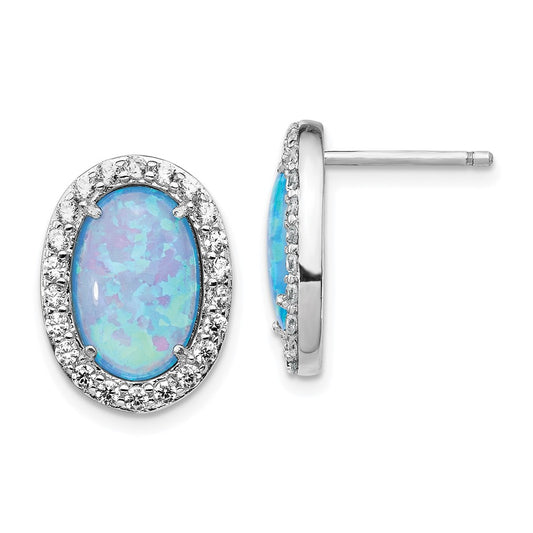 Sterling Silver Cheryl M Rhodium-Plated Cabochon Lab Created Blue Opal And Brilliant-Cut Cz Oval Post Earrings