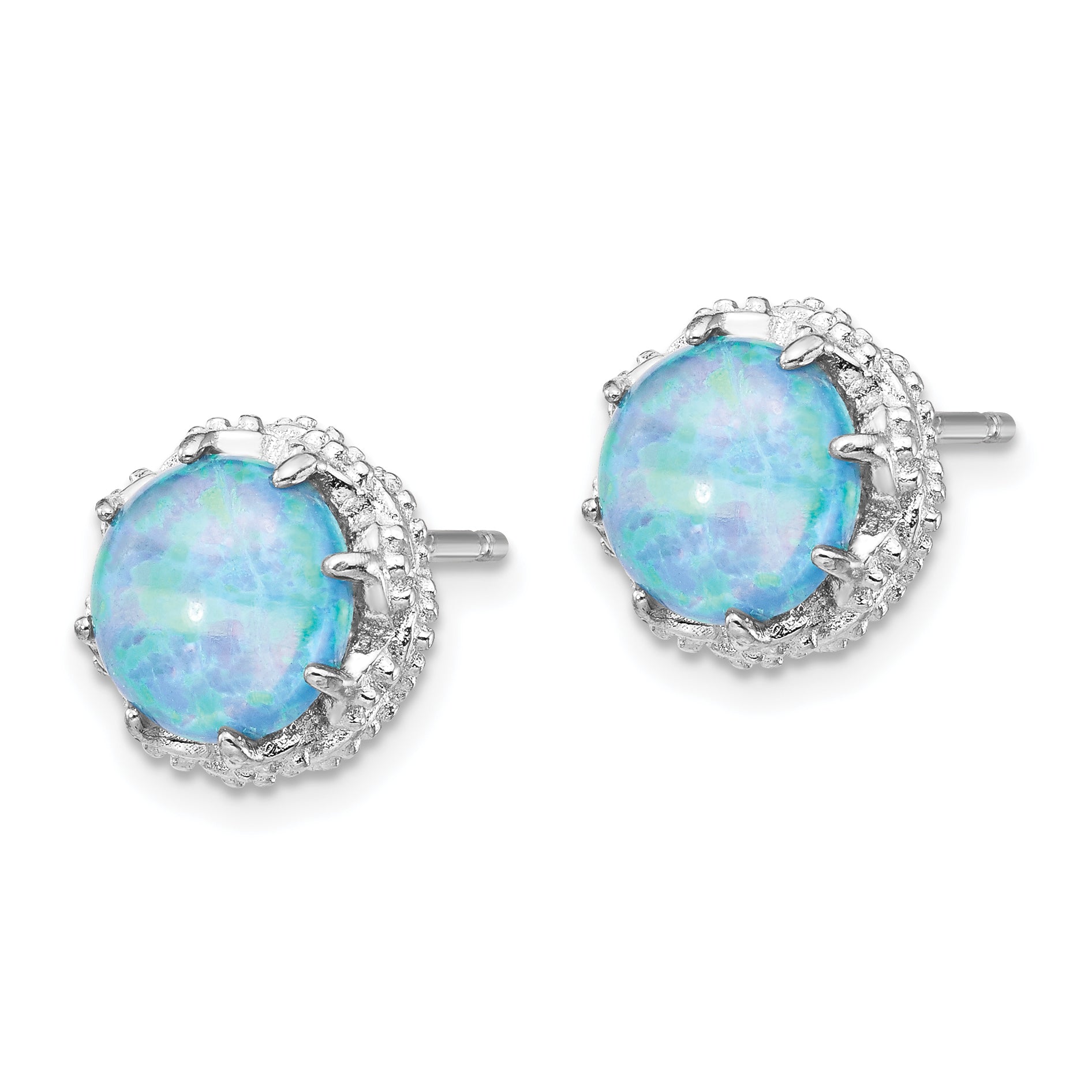 Sterling Silver Cheryl M Rhodium-Plated Cabochon Lab Created Blue Opal And Brilliant-Cut Cz Post Earrings