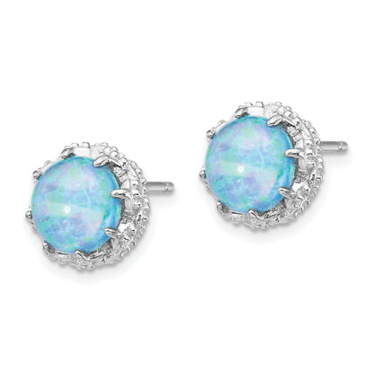 Sterling Silver Cheryl M Rhodium-Plated Cabochon Lab Created Blue Opal And Brilliant-Cut Cz Post Earrings
