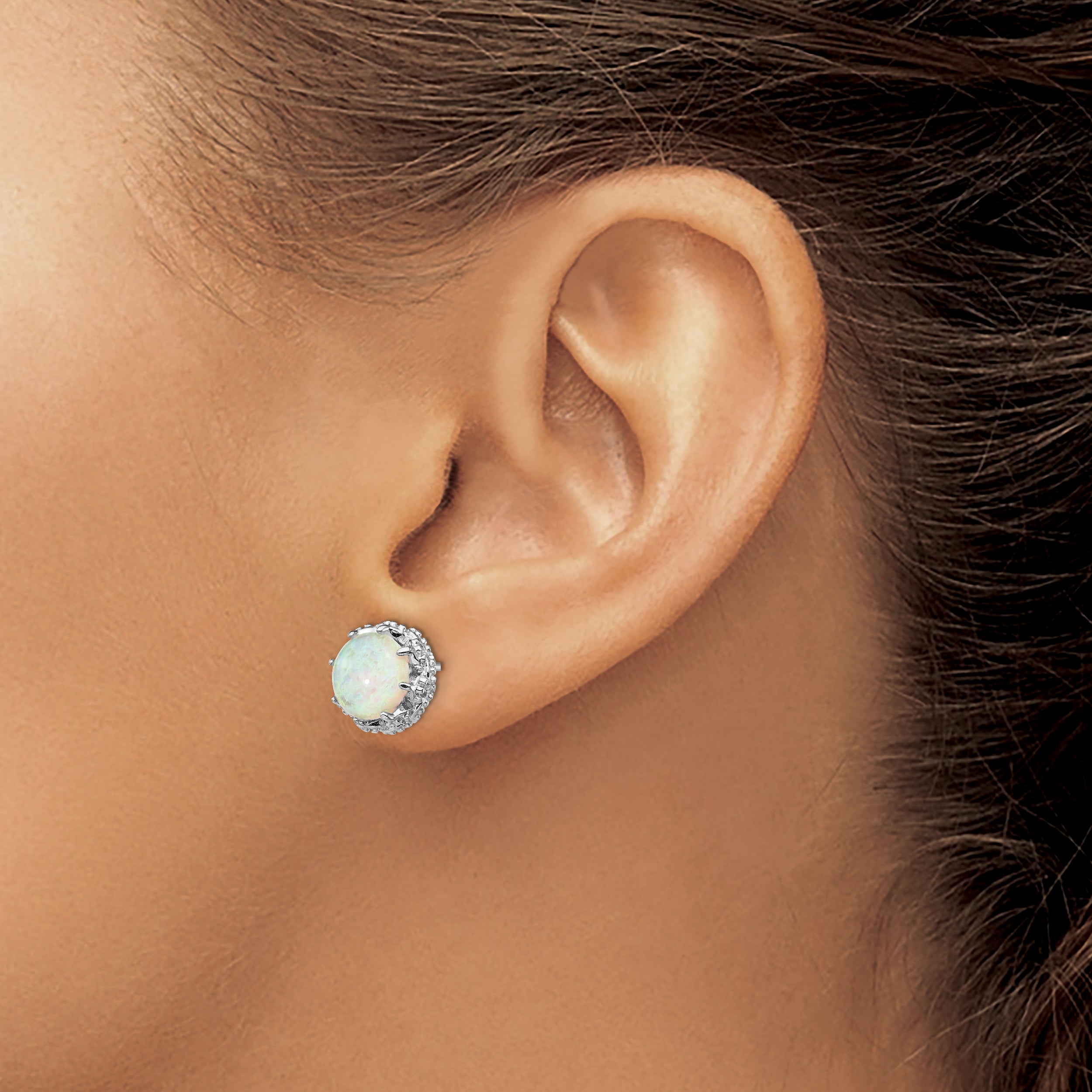 Sterling Silver Cheryl M Rhodium-Plated Cabochon Lab Created Opal And Brilliant-Cut Cz Post Stud Earrings