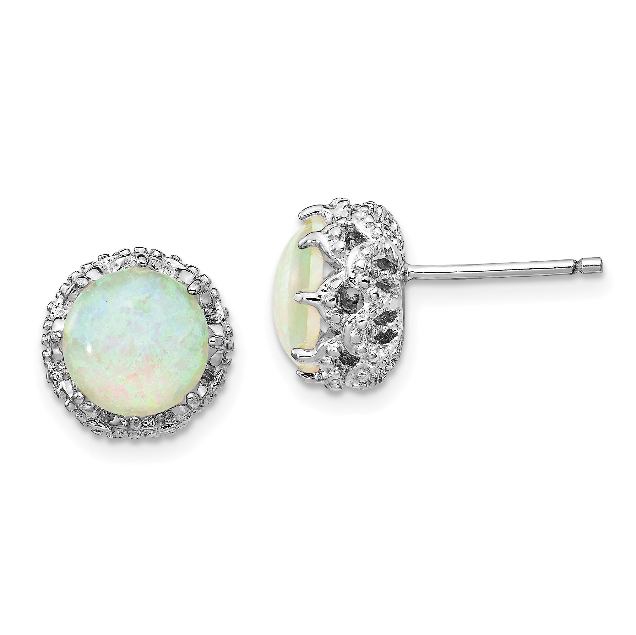 Sterling Silver Cheryl M Rhodium-Plated Cabochon Lab Created Opal And Brilliant-Cut Cz Post Stud Earrings