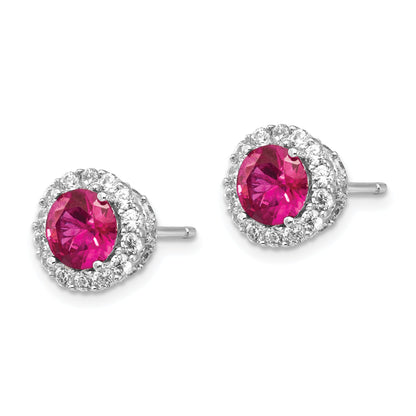 Sterling Silver Cheryl M Rhodium-Plated Brilliant-Cut Lab Created Ruby And White Cz Round Halo Post Earrings