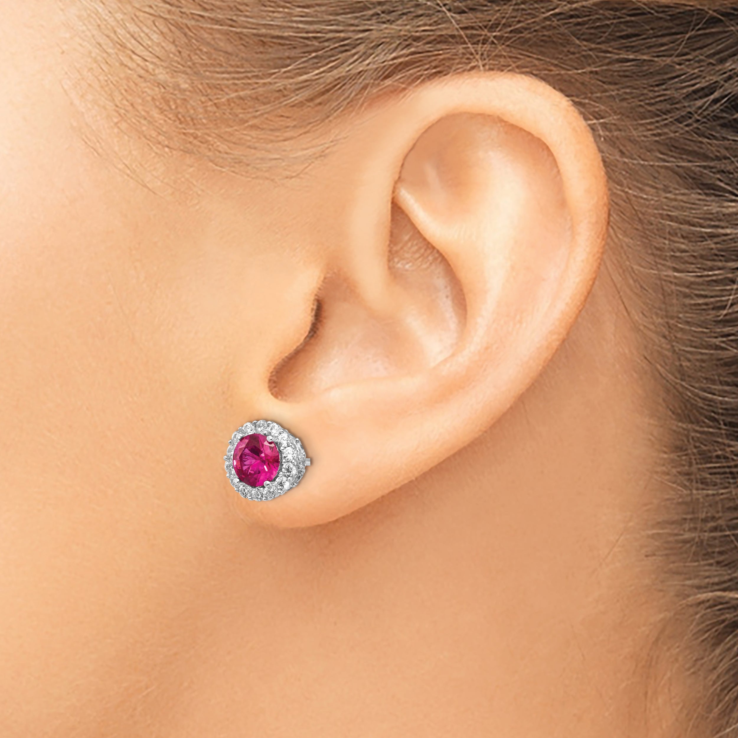 Sterling Silver Cheryl M Rhodium-Plated Brilliant-Cut Lab Created Ruby And White Cz Round Halo Post Earrings