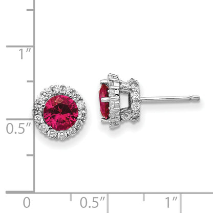 Sterling Silver Cheryl M Rhodium-Plated Brilliant-Cut Lab Created Ruby And White Cz Round Halo Post Earrings