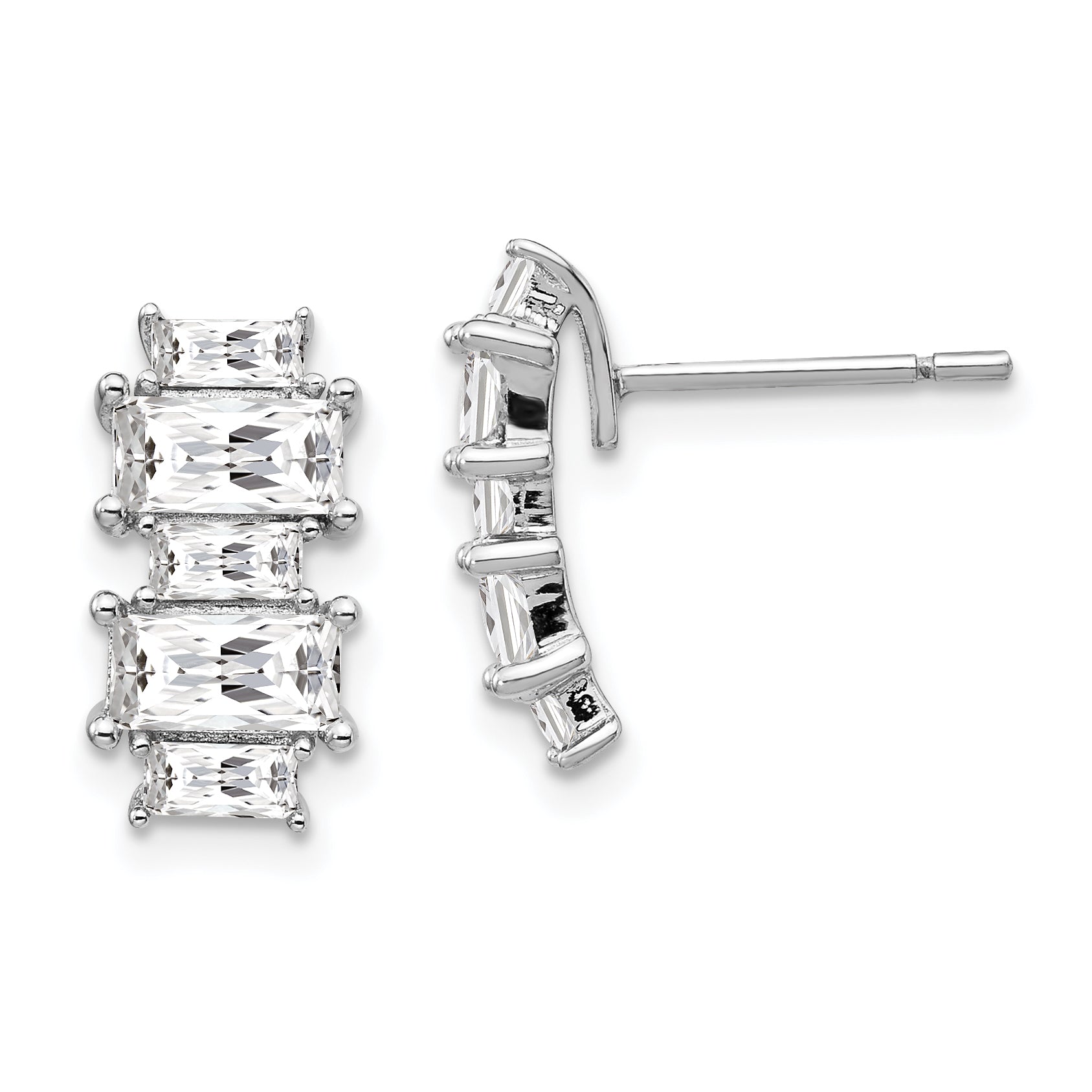 Sterling Silver Cheryl M Rhodium-Plated Emerald-Cut Cz Post Earrings