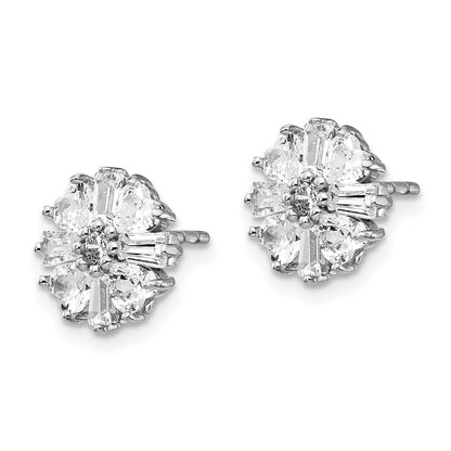 Sterling Silver Cheryl M Rhodium-Plated Emerald-Cut And Brilliant-Cut Cz Cluster Post Earrings