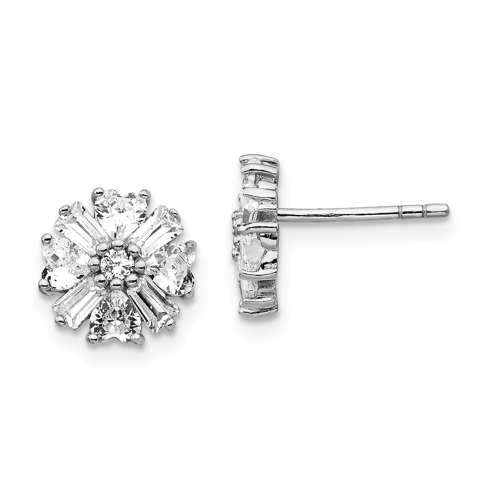 Sterling Silver Cheryl M Rhodium-Plated Emerald-Cut And Brilliant-Cut Cz Cluster Post Earrings