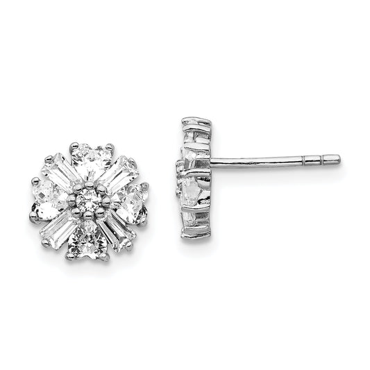 Sterling Silver Cheryl M Rhodium-Plated Emerald-Cut And Brilliant-Cut Cz Cluster Post Earrings