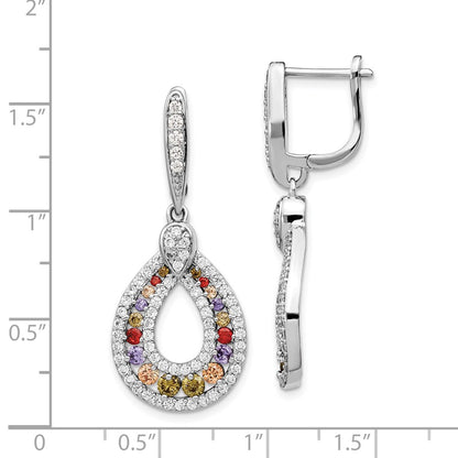 Sterling Silver Cheryl M Rhodium-Plated Multi-Color Brilliant-Cut Cz Teardrop Hinged Post Dangle Earrings
